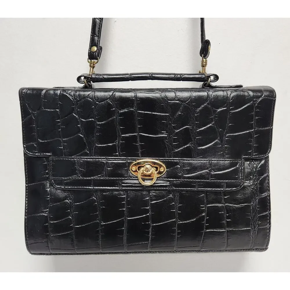 Vintage Jackson Black Faux Crocodile Embossed Briefcase Crossbody Handbag